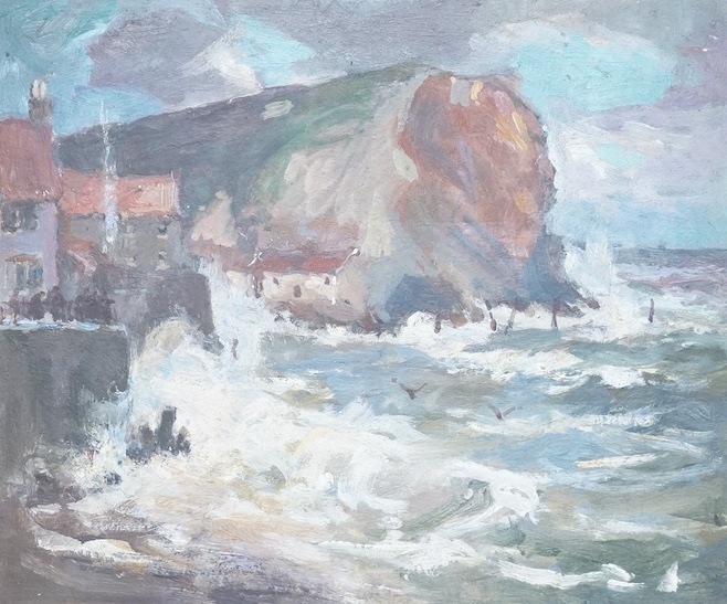 20th century school, oil on board, Coastal view with crashing waves, unsigned, 21 x 25cm, ornately framed. Condition - fair
